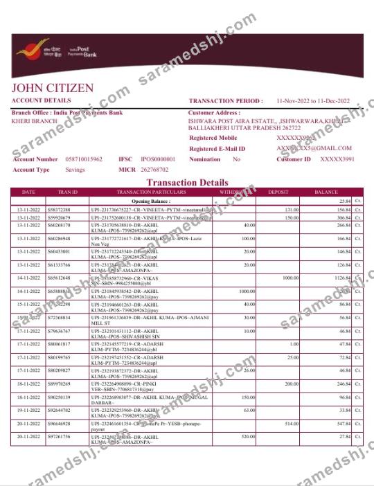 India Post Payments Bank statement Word and PDF template, 4 pages
